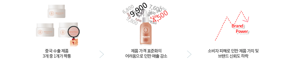 중국 수출 제품 3개 중 1개가 짝퉁 / 제품 가격 표준화의 어려움으로 인한 매출 감소 / 소비자 피해로 인한 제품 가치 및 브랜드 신뢰도 하락