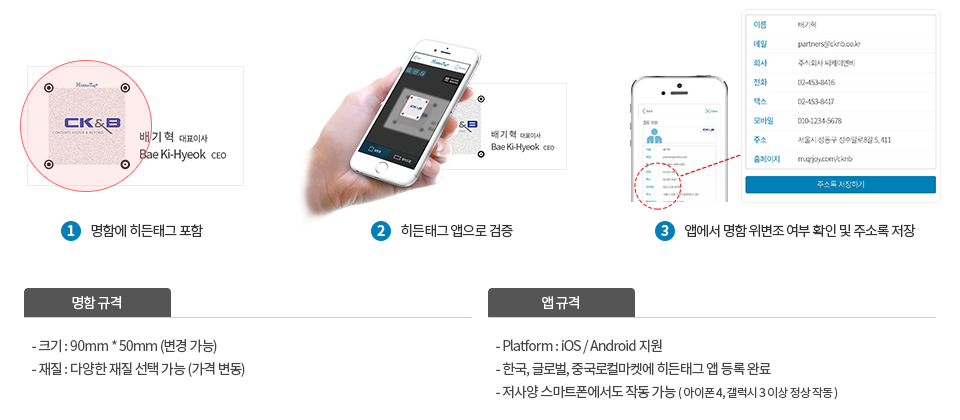 명함에 히든태그 포함 - 히든태그 앱으로 검증 - 명함 위변조 여부 확인 및 주소록 저장 / 명함 사이즈 규격 : 90mm*50mm(변경가능)
