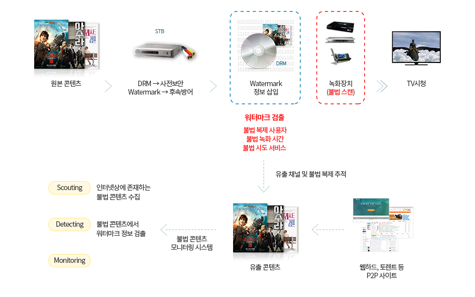 원본 콘텐츠 > DRM:사전보안 Watermark:후속방어 > Watermark 정보 삽입 - Watermark검출:유출 채널 및 불법 목제 추적 > 녹화장치(불법스캔) > TV시청